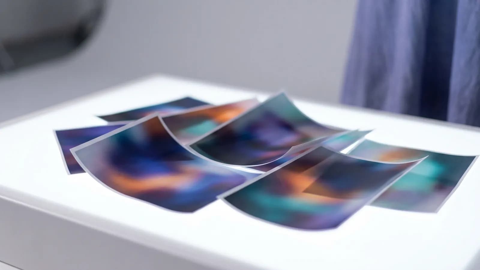 Photographic test prints spread across a white light table