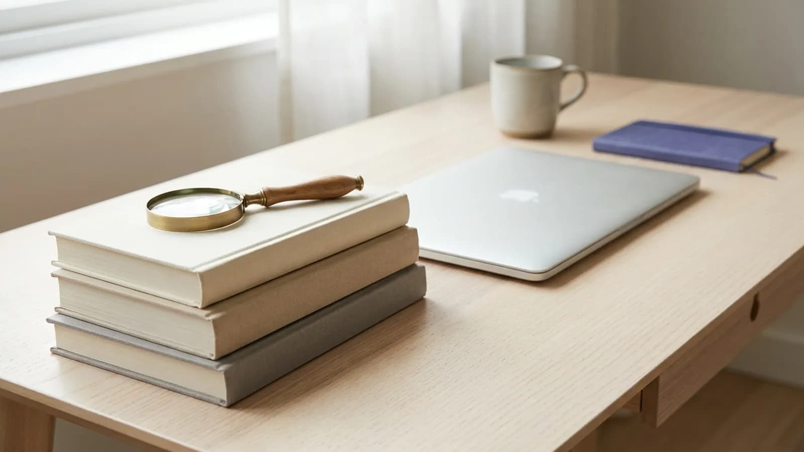 A stack of blank books beside a closed laptop and a magnifying glass