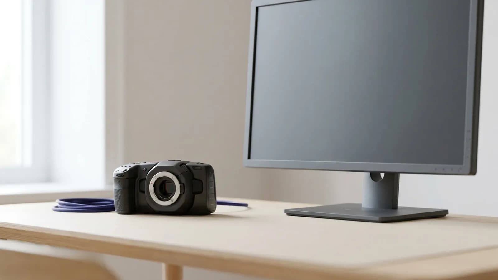 A small cinema camera on a desk beside a blank monitor