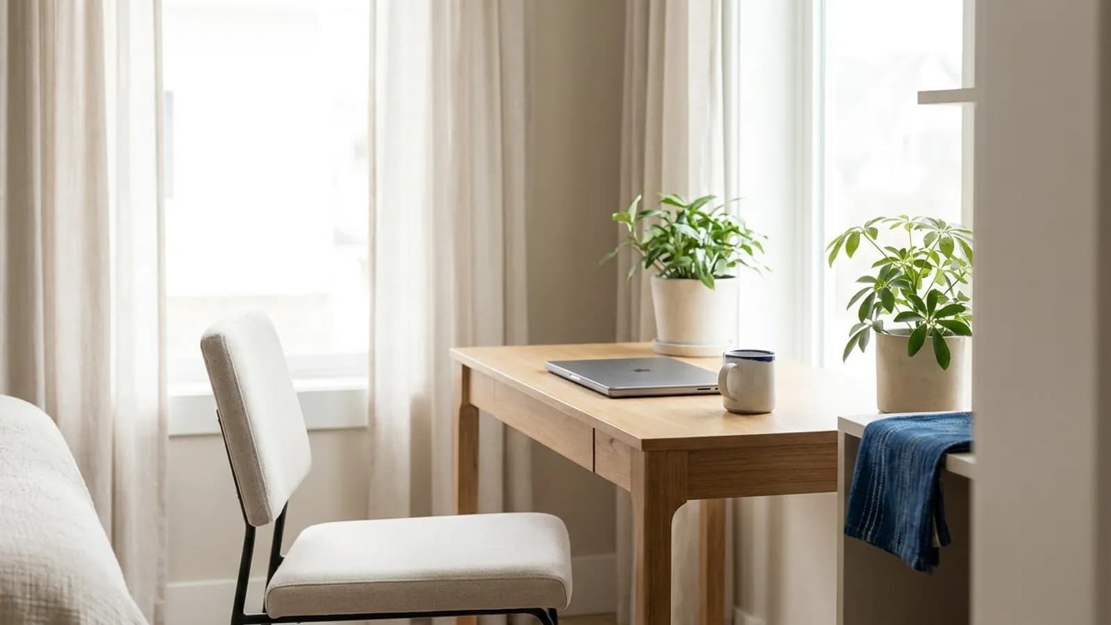 A quiet home desk beside a large window in bright daylight