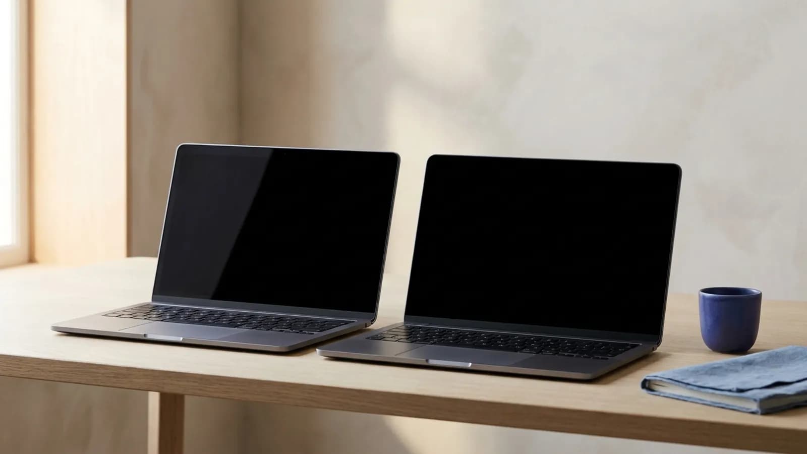 Two open laptops side by side on a wooden desk, screens off