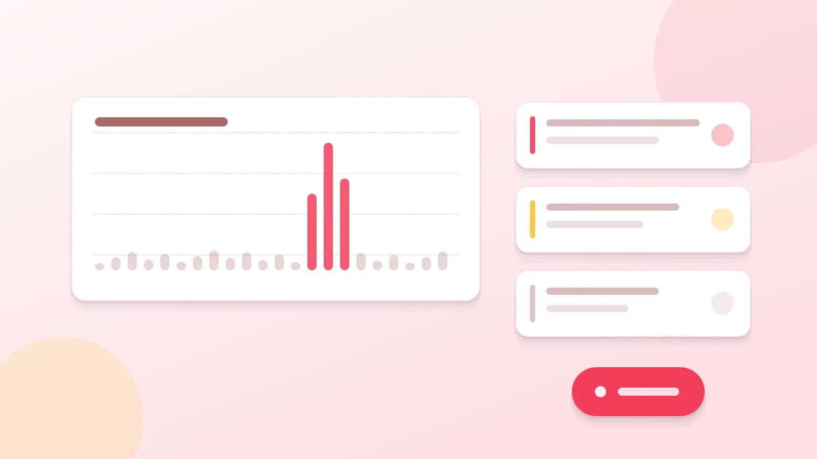 Illustration: an event-volume chart flat except for one sharp spike, beside a list of grouped issues and an alert badge