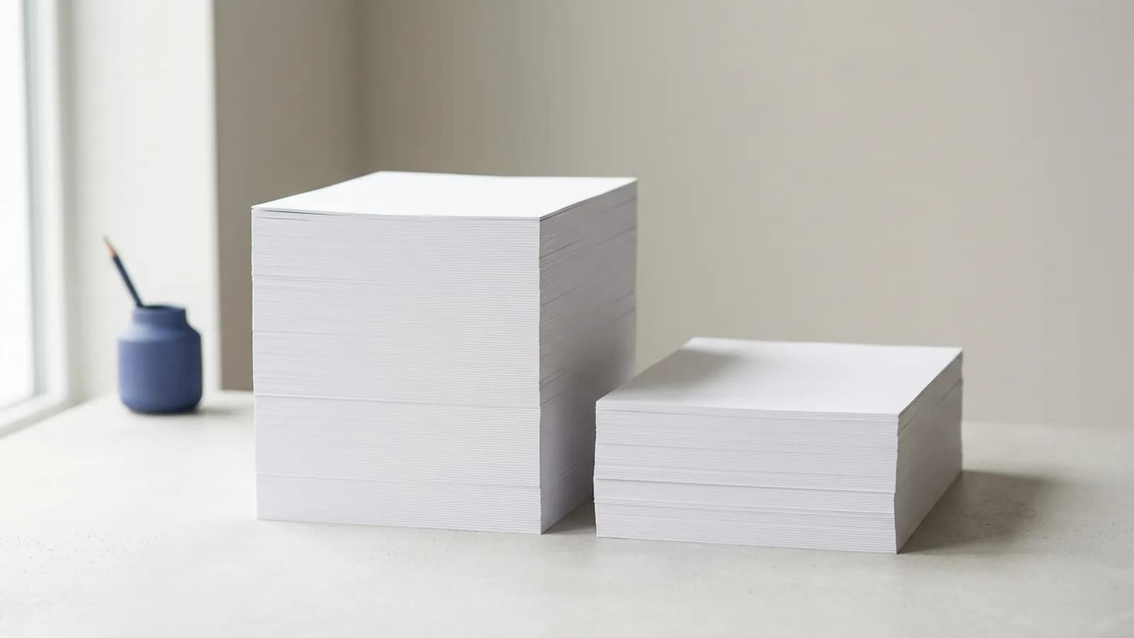 Two stacks of blank paper, one taller than the other