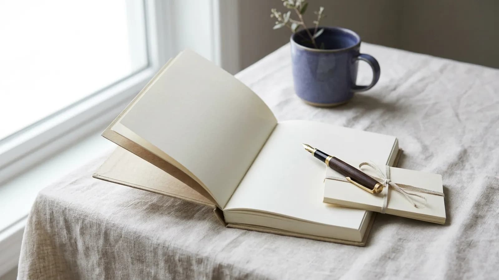 An open blank notebook and fountain pen beside index cards