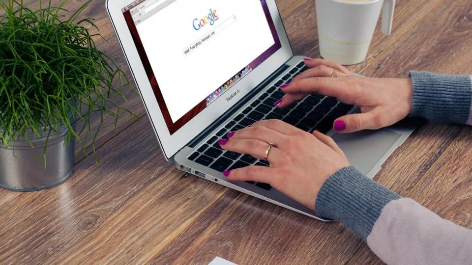 Hands typing on a laptop open at the Google search page, a mug and a potted plant on the desk