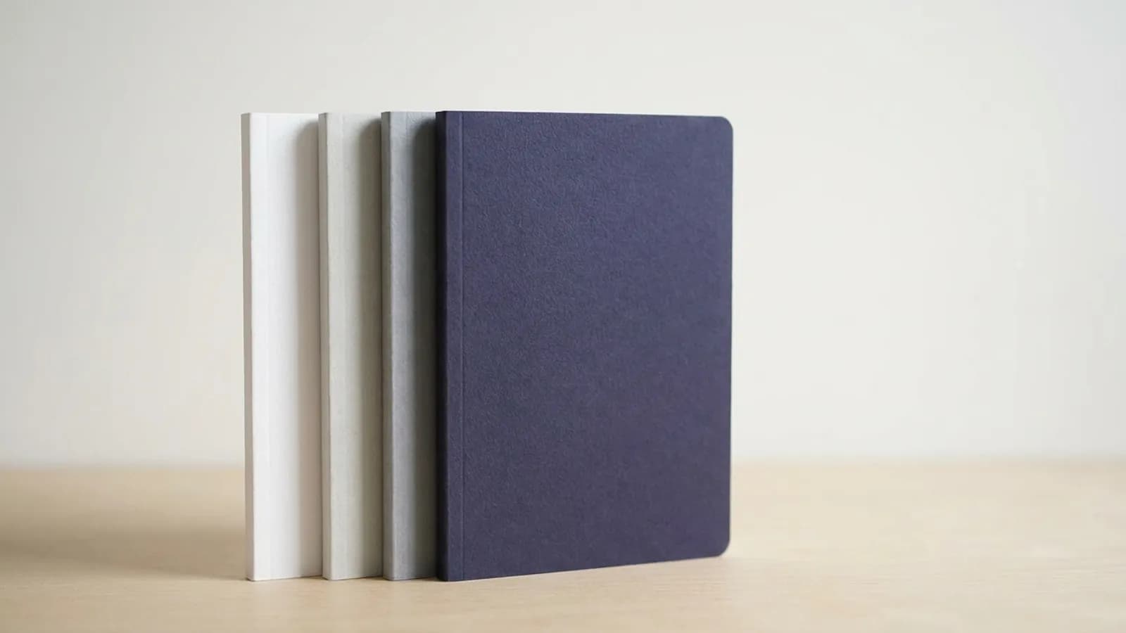 Three slim notebooks standing side by side against a pale background