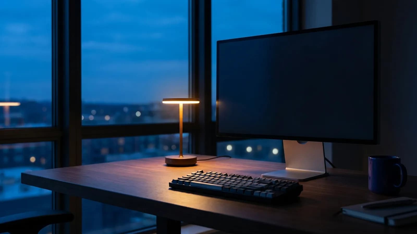 A desk at dusk with a dark monitor and a single warm lamp