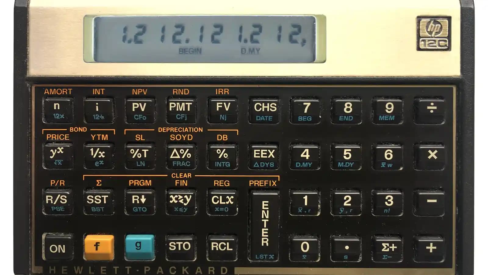 A Hewlett-Packard HP-12C financial calculator photographed head-on, with figures on its display
