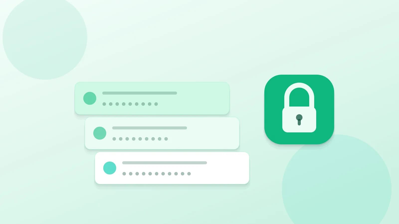 Illustration: a stack of three credential cards with masked passwords, beside a closed padlock badge